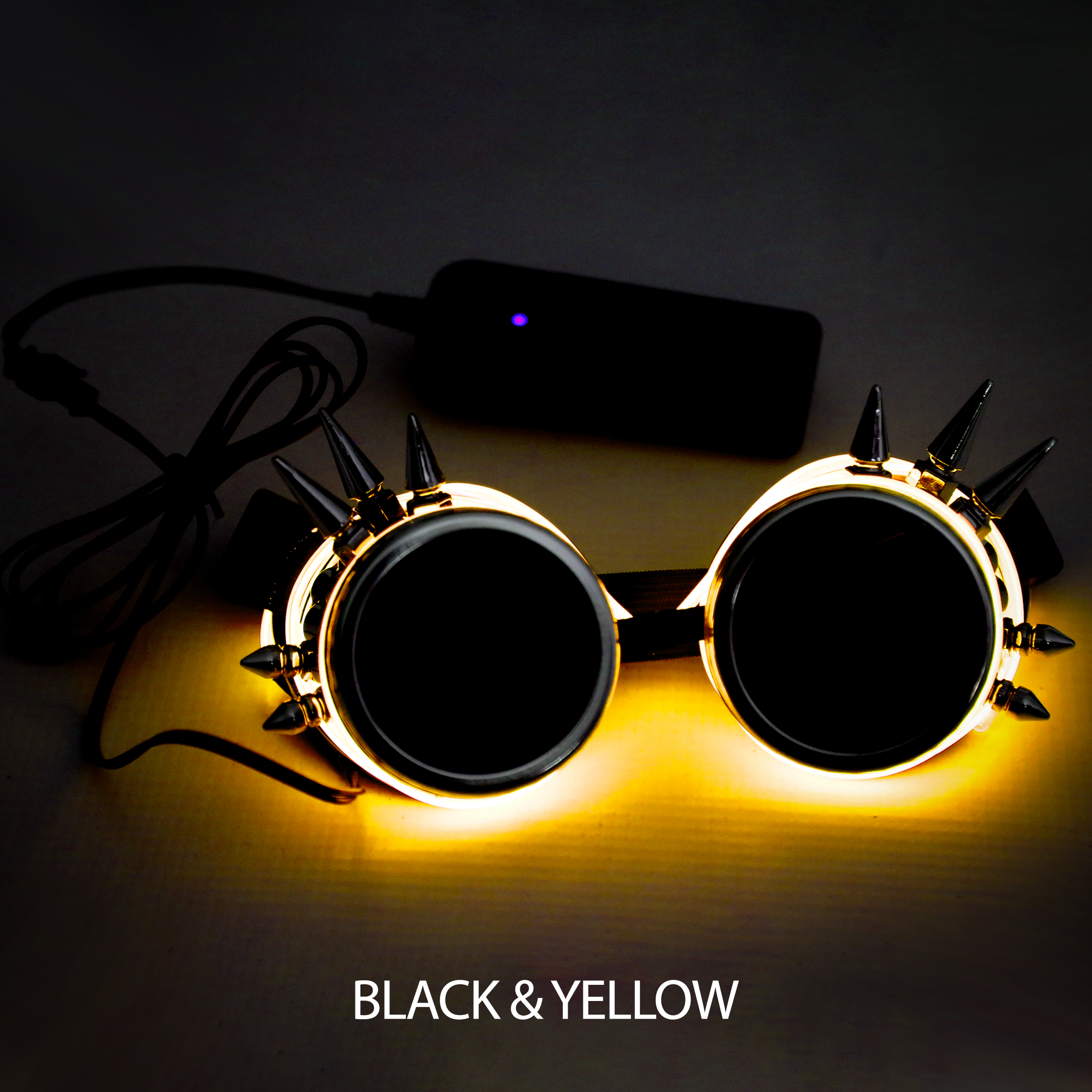 Black & Yellow LED steampunk glasses Electro Glow | South Africa's Best LED Festival Gear & Rave Clothes - festivals outfits, clothes festival, festival clothing south africa, festival ideas outfits, festival outfits rave, festival wear, steam punk goggle, rave glasses, outfit for a rave, kaleidoscope glasses, diffraction glasses, clothes for a rave, rave sunglasses, spectral glasses, rave goggles, clothes for a rave, rave clothing south africa, festival wear south africa, accessories festival