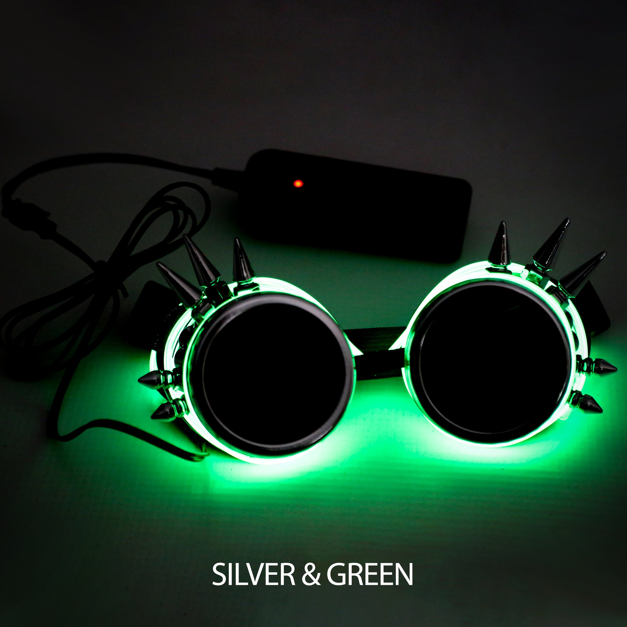 silver & green LED steampunk glasses Electro Glow | South Africa's Best LED Festival Gear & Rave Clothes - festivals outfits, clothes festival, festival clothing south africa, festival ideas outfits, festival outfits rave, festival wear, steam punk goggle, rave glasses, outfit for a rave, kaleidoscope glasses, diffraction glasses, clothes for a rave, rave sunglasses, spectral glasses, rave goggles, clothes for a rave, rave clothing south africa, festival wear south africa, accessories festival