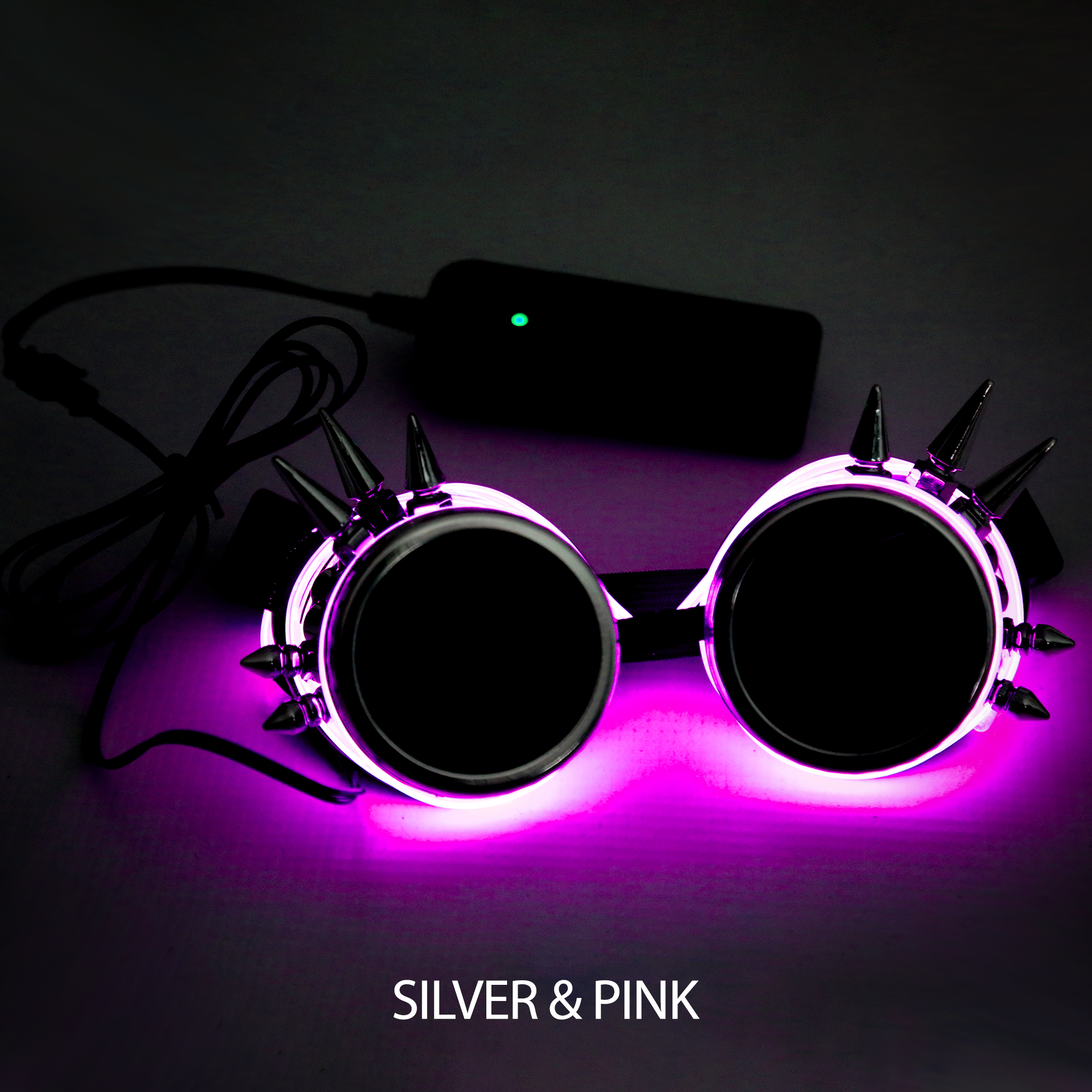 silver & pink LED steampunk glasses Electro Glow | South Africa's Best LED Festival Gear & Rave Clothes - festivals outfits, clothes festival, festival clothing south africa, festival ideas outfits, festival outfits rave, festival wear, steam punk goggle, rave glasses, outfit for a rave, kaleidoscope glasses, diffraction glasses, clothes for a rave, rave sunglasses, spectral glasses, rave goggles, clothes for a rave, rave clothing south africa, festival wear south africa, accessories festival