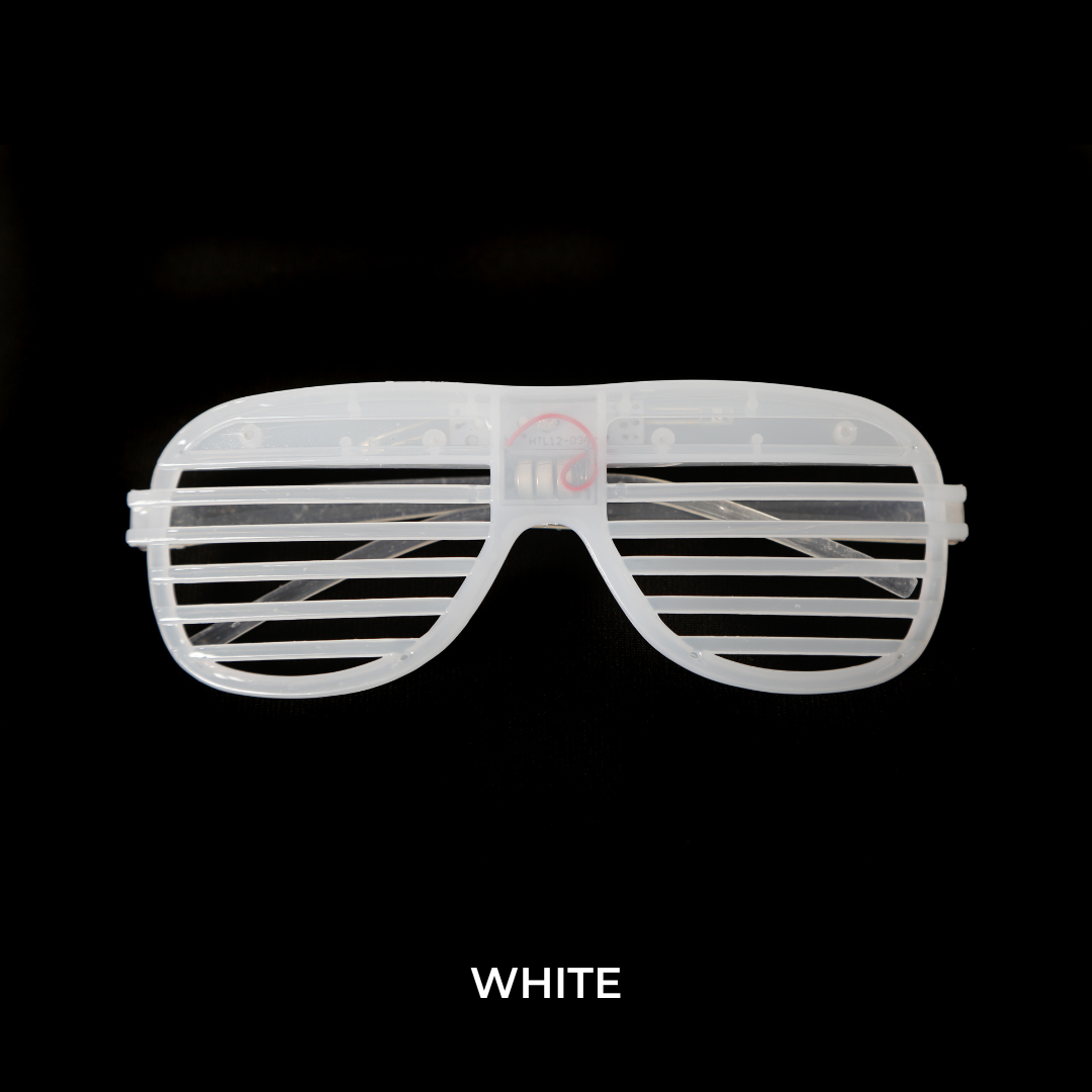 white flashing LED glasses Electro Glow | South Africa's Best LED Festival Gear & Rave Clothes - festivals outfits, clothes festival, festival clothing south africa, festival ideas outfits, festival outfits rave, festival wear, steam punk goggle, rave glasses, outfit for a rave, kaleidoscope glasses, diffraction glasses, clothes for a rave, rave sunglasses, spectral glasses, rave goggles, clothes for a rave, rave clothing south africa, festival wear south africa, accessories festival, rave sunglasses