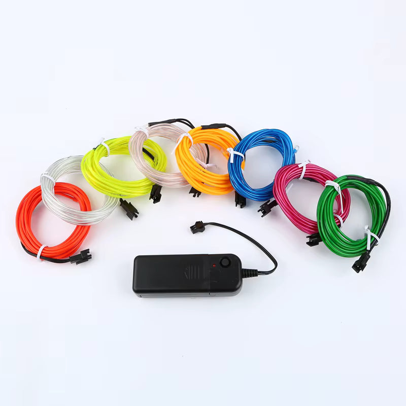 Set of colorful LED strip lights with a power adapter on a white background