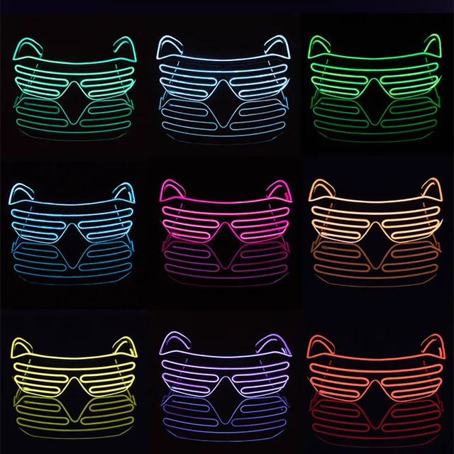 A collection of neon light-up wire shutter glasses in various colors, with a shutter-style lens design.