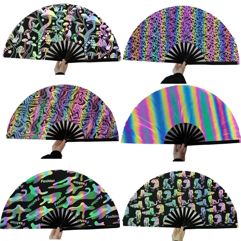 holographic reflective fans Electro Glow | South Africa's Best LED Festival Gear & Rave Clothes - festivals outfits, clothes festival, festival clothing south africa, festival ideas outfits, festival outfits rave, festival wear, steam punk goggle, rave glasses, outfit for a rave, kaleidoscope glasses, diffraction glasses, clothes for a rave, rave sunglasses, spectral glasses, rave goggles, clothes for a rave, rave clothing south africa, festival wear south africa, accessories festival, rave sunglasses